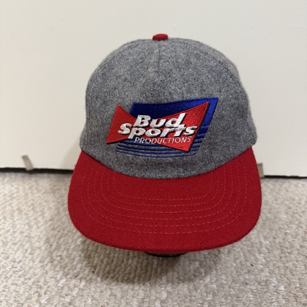 Vintage Bud Sports Productions Hat Cap Mens Strap Back Wool Gray Embroidered 90s
